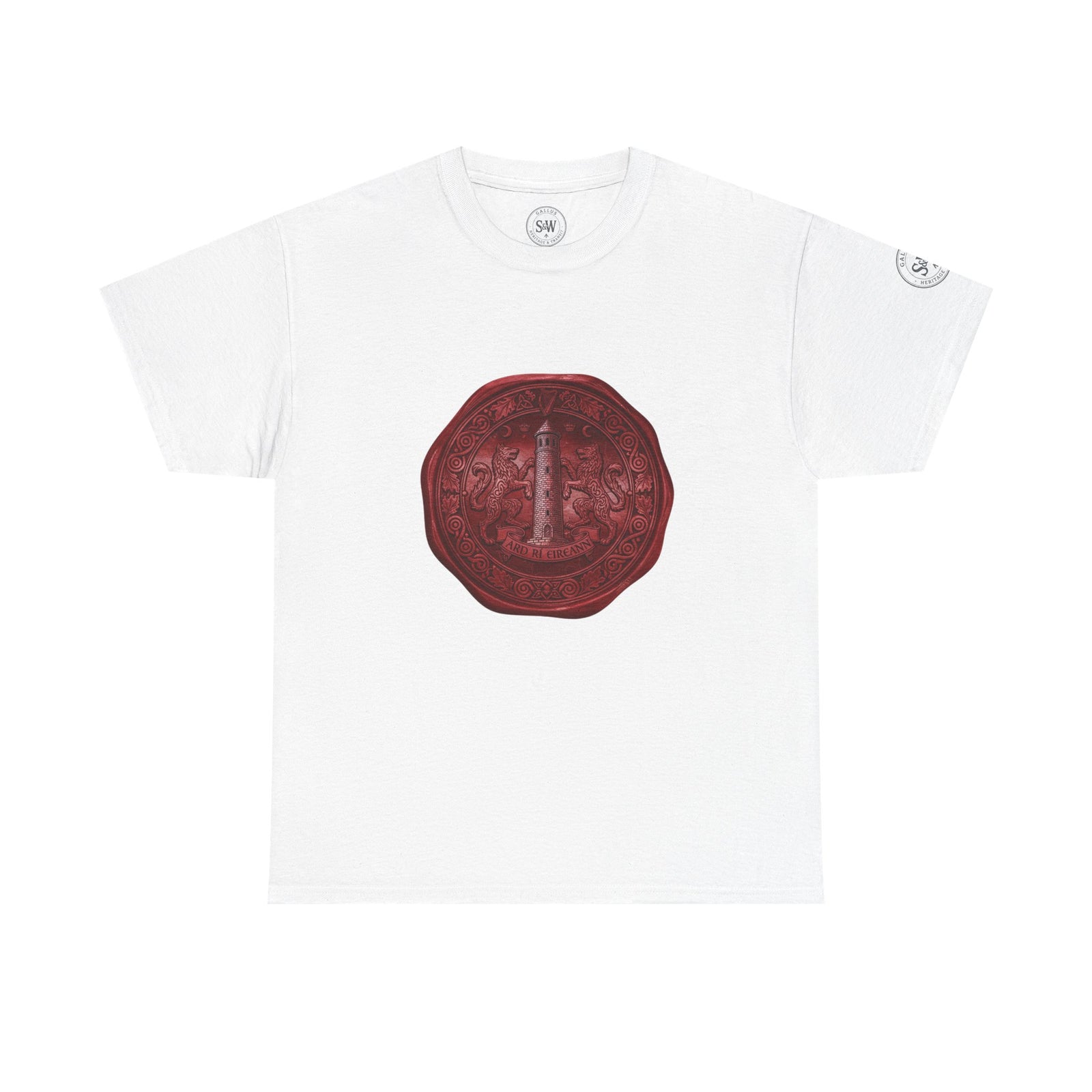 White t-shirt by S&W Gallus, featuring a detailed vintage wax seal graphic on the chest.