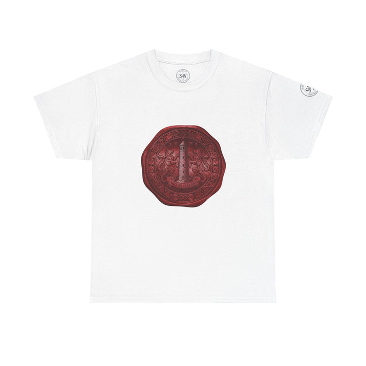 White t-shirt by S&amp;W Gallus, featuring a detailed vintage wax seal graphic on the chest.