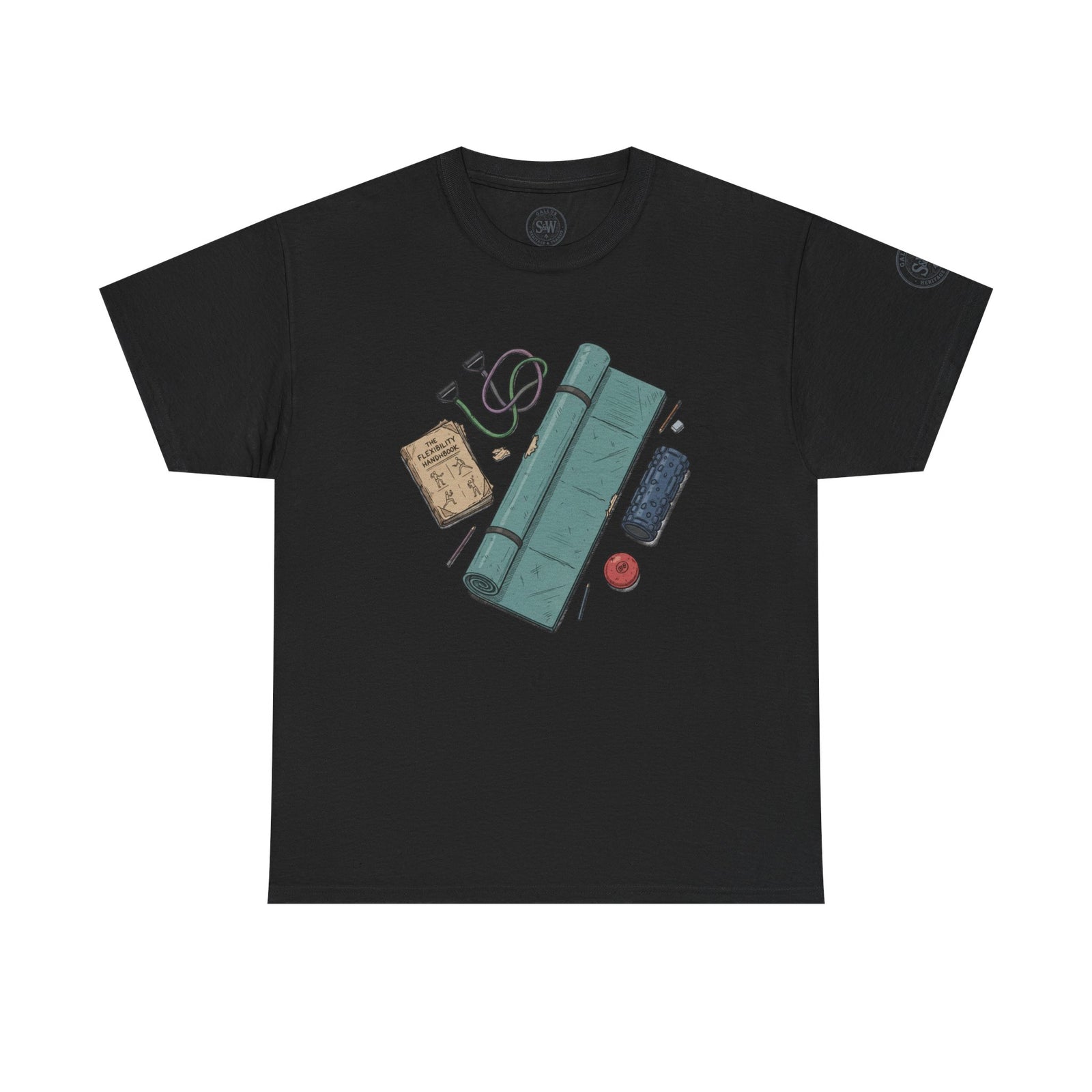 Black t-shirt by S&W Gallus featuring a printed flexibility accessories graphic on the front.