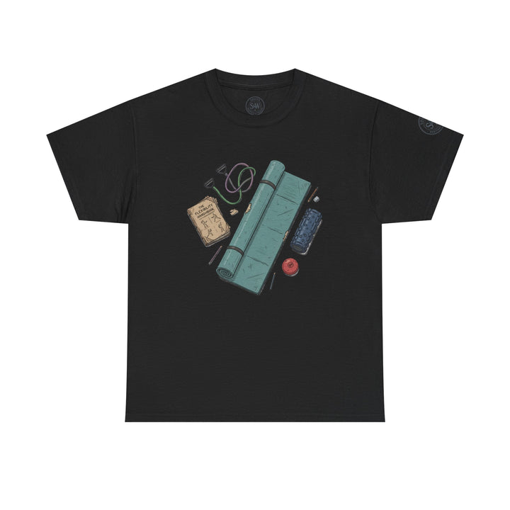 Black t-shirt by S&amp;W Gallus featuring a printed flexibility accessories graphic on the front.