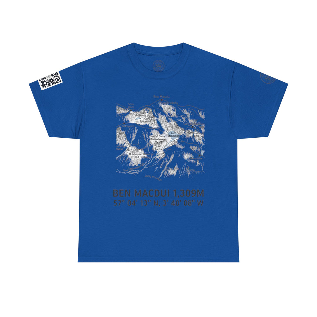 Royal blue Ben Macdui graphic t-shirt from S&amp;W Gallus, featuring a mountain topography print and a QR code on the sleeve.
