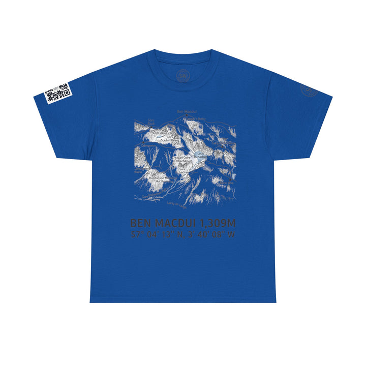 Royal blue Ben Macdui graphic t-shirt from S&amp;W Gallus, featuring a mountain topography print and a QR code on the sleeve.
