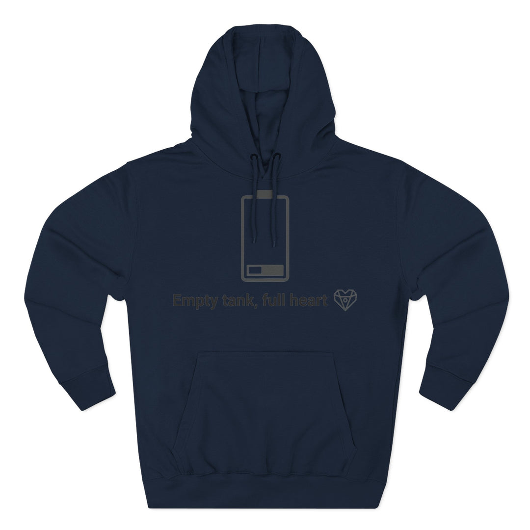 Navy hoodie by S&amp;W Gallus featuring a graphic of an empty battery and "Empty tank, full heart" text.