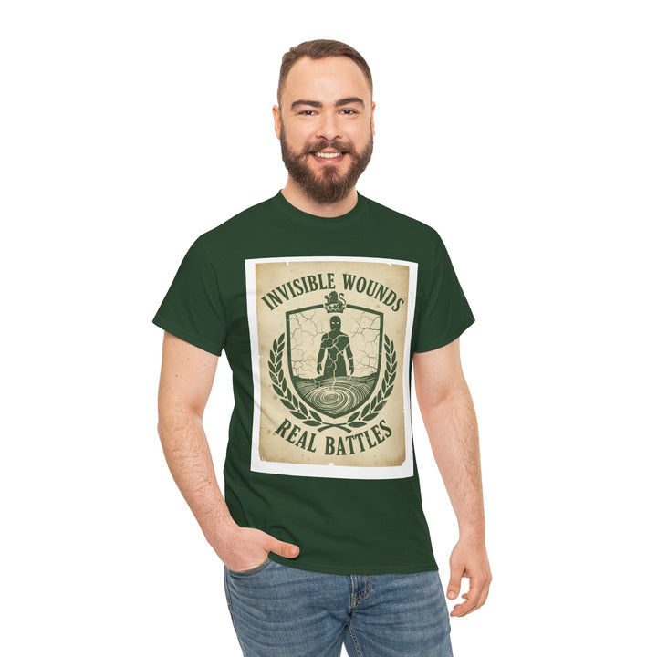 Green graphic t-shirt by S&amp;W Gallus featuring an "Invisible Wounds Real Battles" crest, worn with jeans.