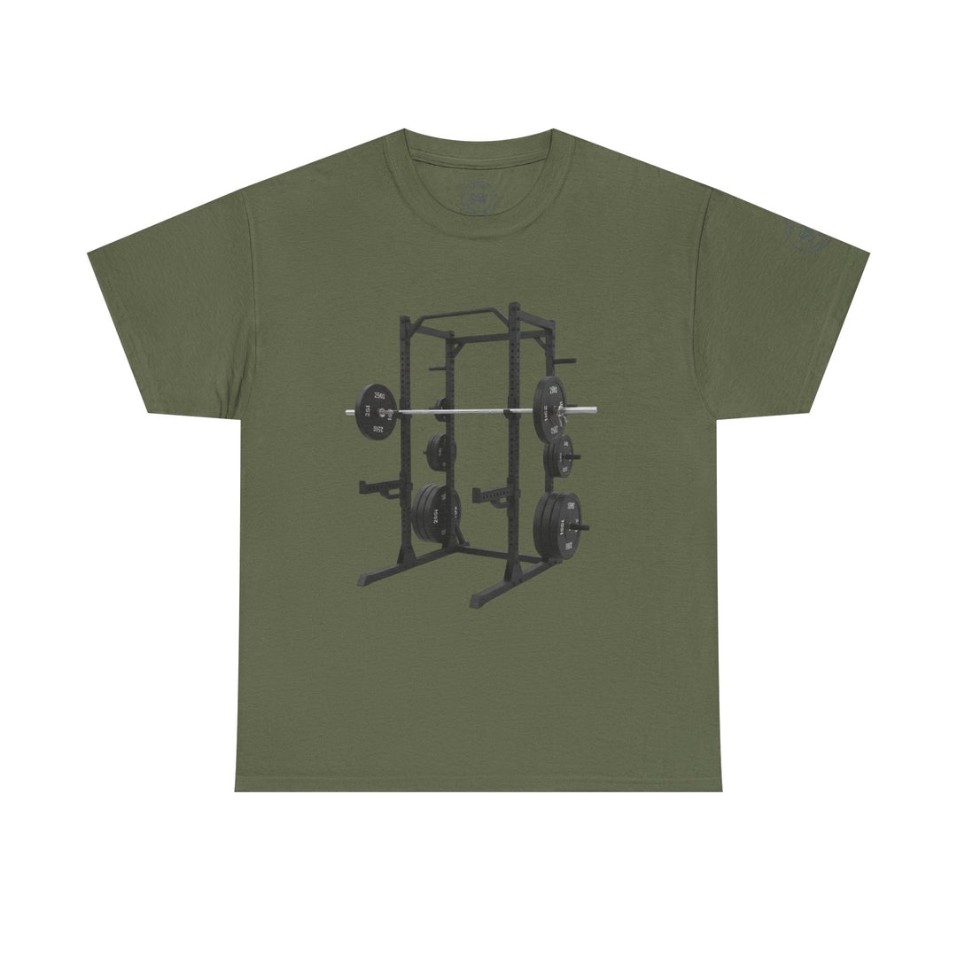 Olive green t-shirt by S&amp;W Gallus featuring a black power rack gym equipment graphic.