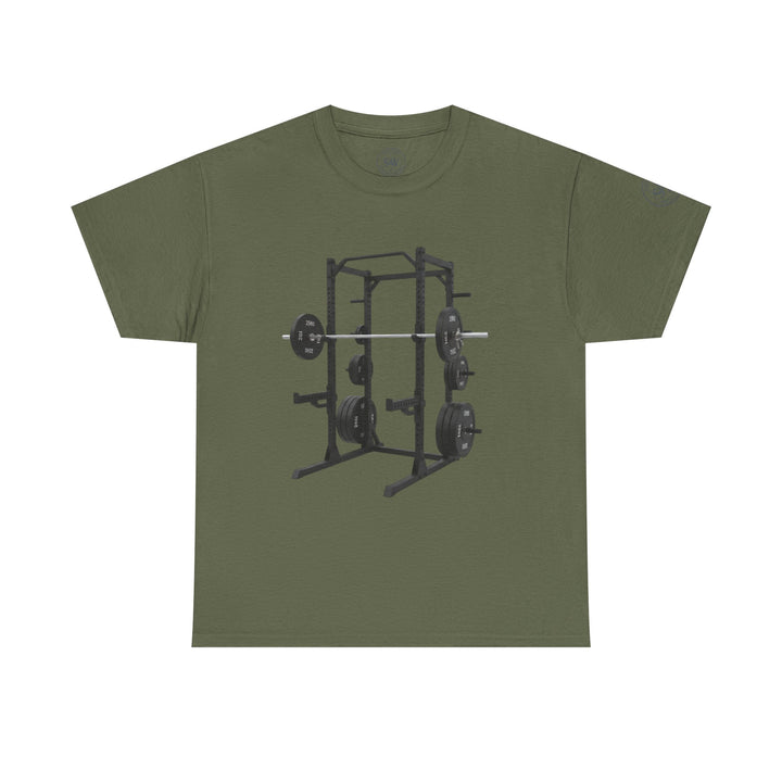 Olive green t-shirt by S&amp;W Gallus featuring a black power rack gym equipment graphic.