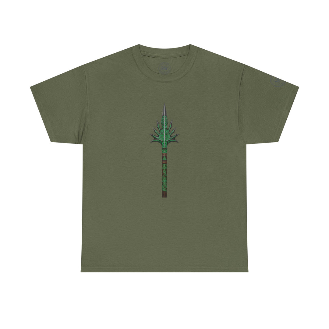 Olive green t-shirt by S&amp;W Gallus, featuring a graphic of an ornate, tribal-style spear on the front.
