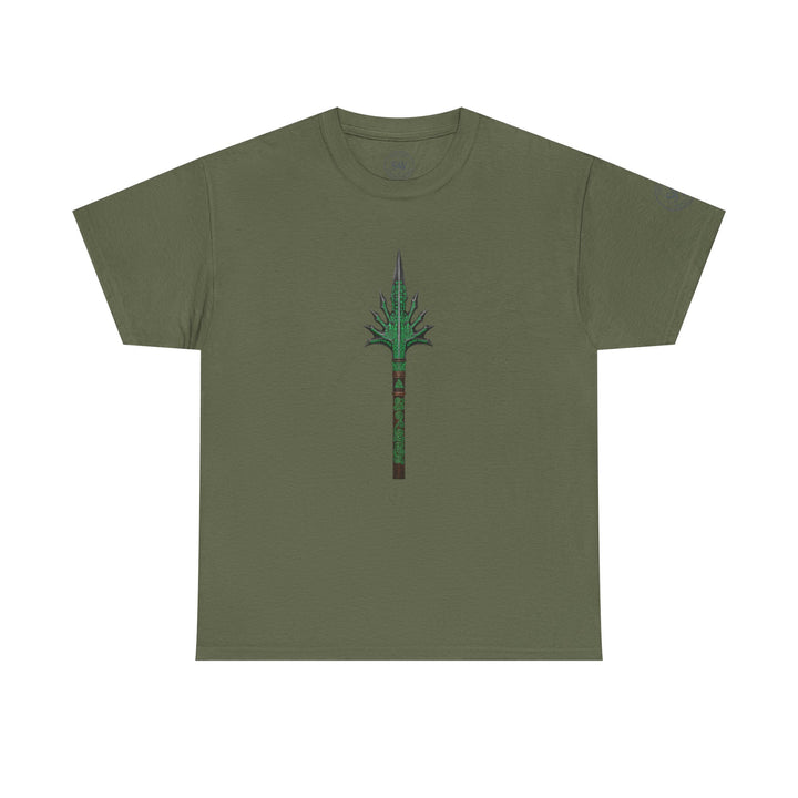 Olive green t-shirt by S&amp;W Gallus, featuring a graphic of an ornate, tribal-style spear on the front.

