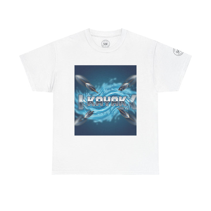 White graphic tee by S&amp;W Gallus featuring a kayak graphic with paddles and water splash design.