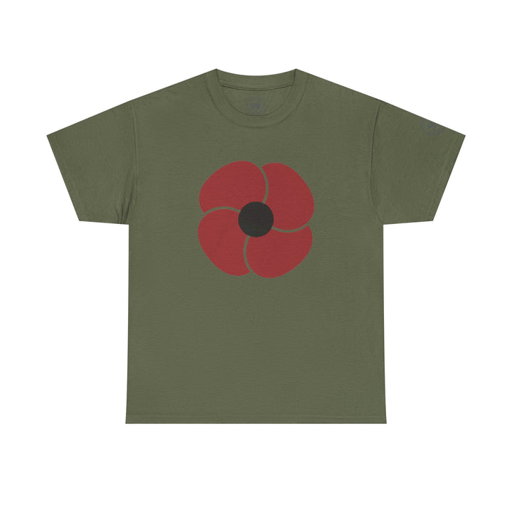 Olive green t-shirt by S&amp;W Gallus with a red and black poppy on the chest.