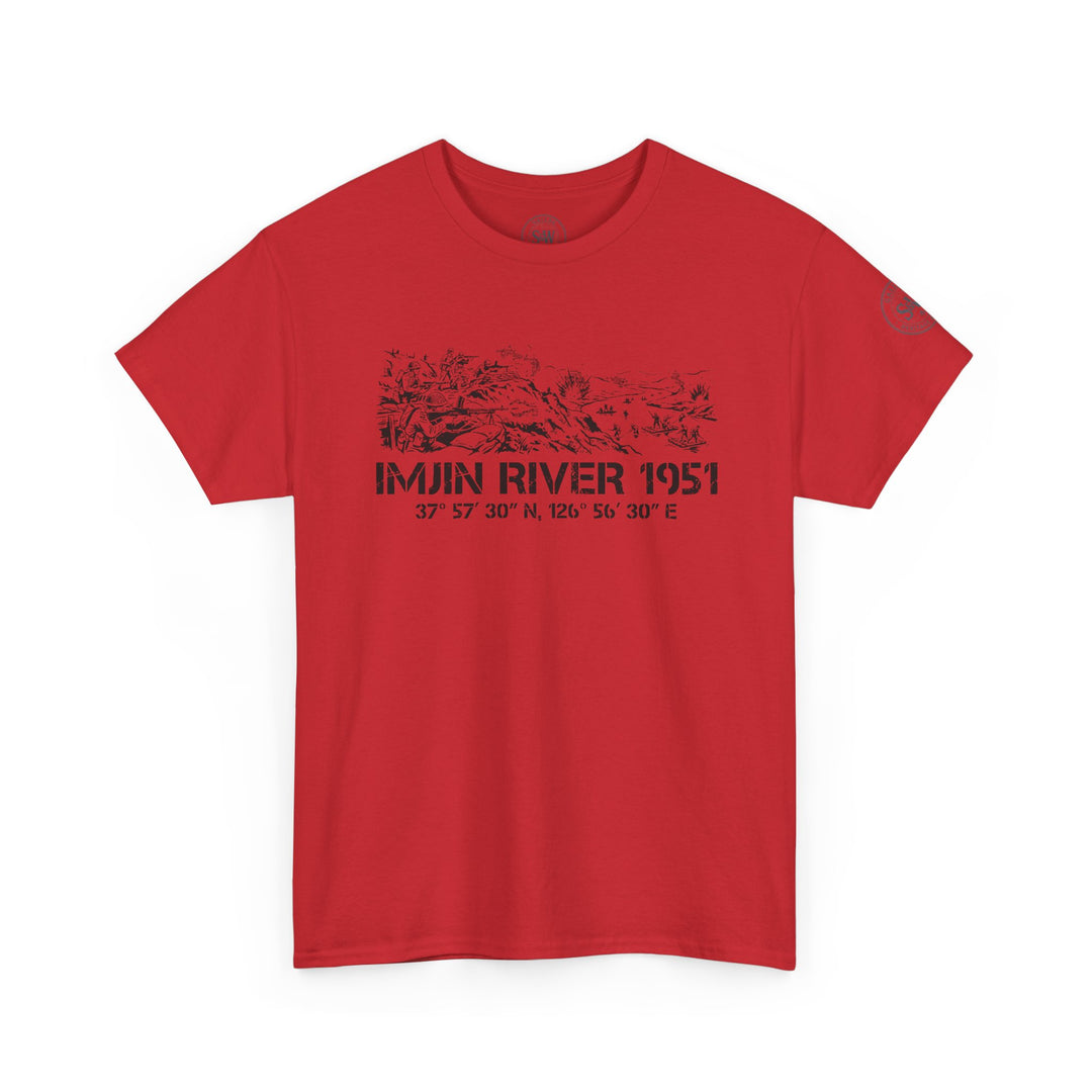 Red Imjin River 1951 t-shirt by S&amp;W Gallus, featuring a war scene graphic and coordinates in black.