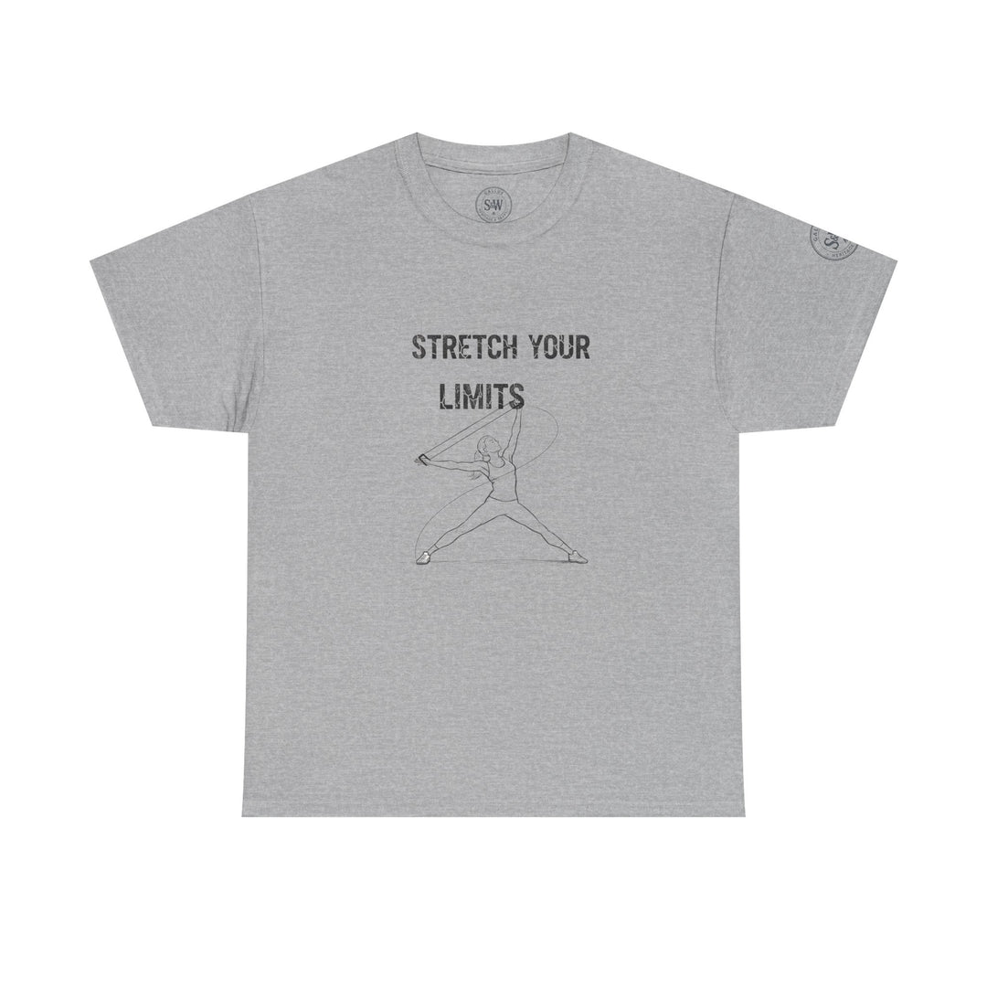 Heather gray t-shirt by S&amp;W Gallus with "Stretch Your Limits" text and a yoga pose graphic.