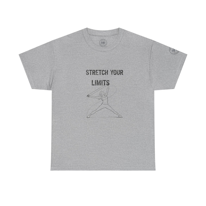 Heather gray t-shirt by S&amp;W Gallus with "Stretch Your Limits" text and a yoga pose graphic.