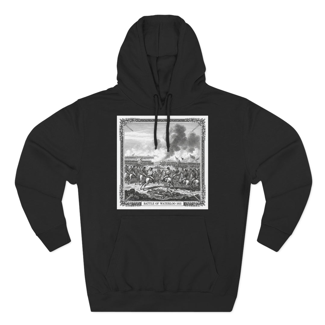Black vintage hoodie by S&amp;W Gallus, featuring the Battle of Waterloo graphic print, with a drawstring hood and front pocket.