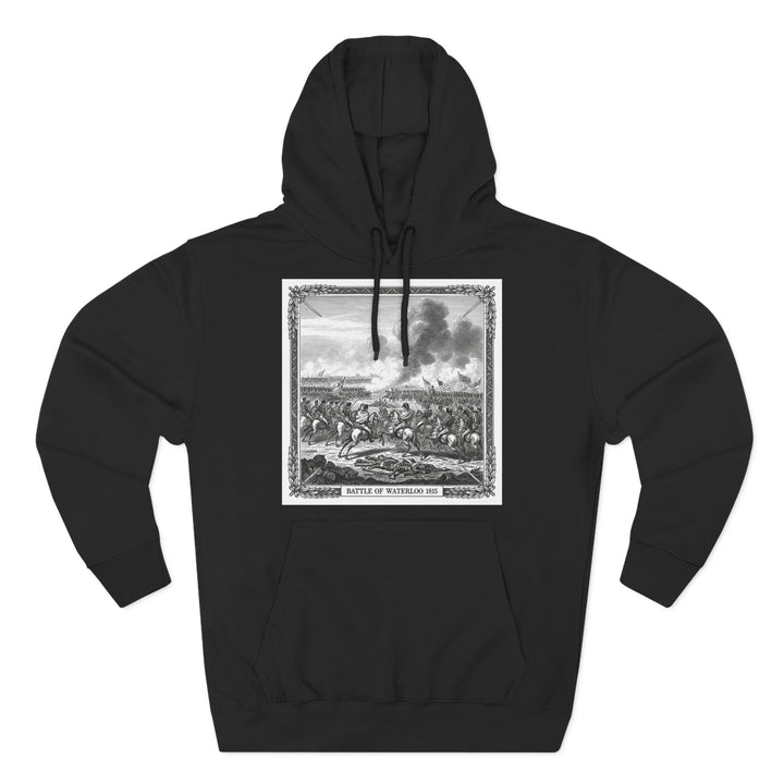 Black vintage hoodie by S&amp;W Gallus, featuring the Battle of Waterloo graphic print, with a drawstring hood and front pocket.