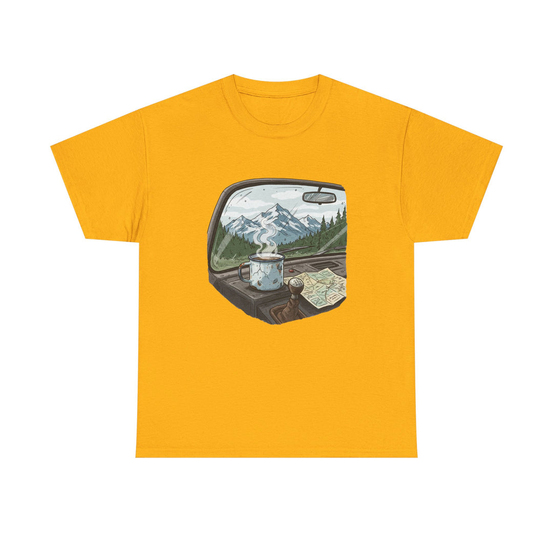 Van Roadtrip View T-Shirt featuring a scenic travel-inspired design. Soft cotton comfort perfect for van life, road trips, and outdoor adventures.