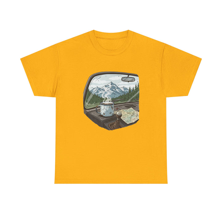 Van Roadtrip View T-Shirt featuring a scenic travel-inspired design. Soft cotton comfort perfect for van life, road trips, and outdoor adventures.
