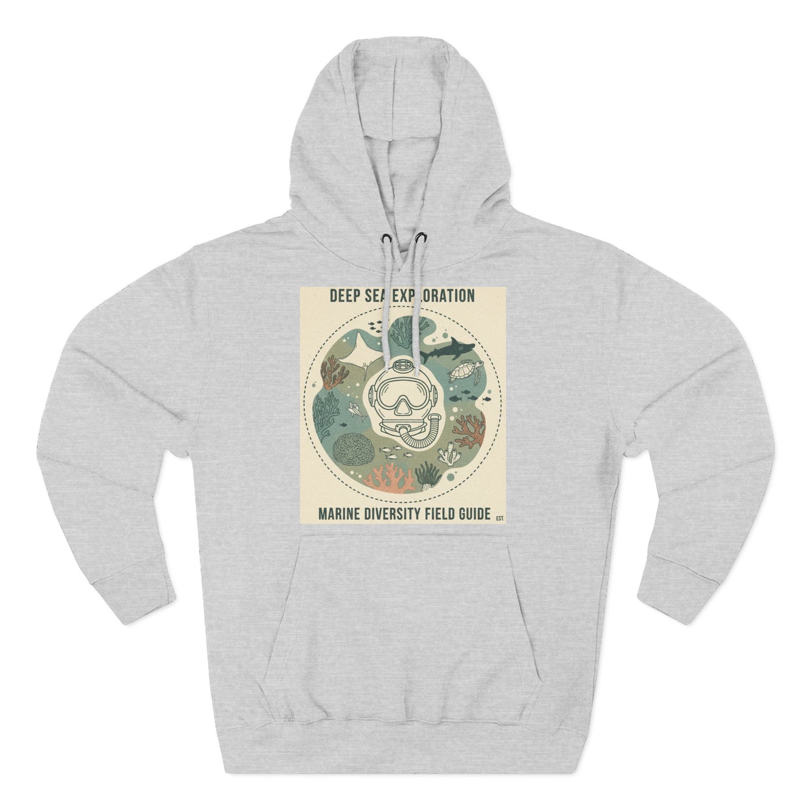 Gray hoodie by S&W Gallus featuring a vintage-style diving mask surrounded by marine life.