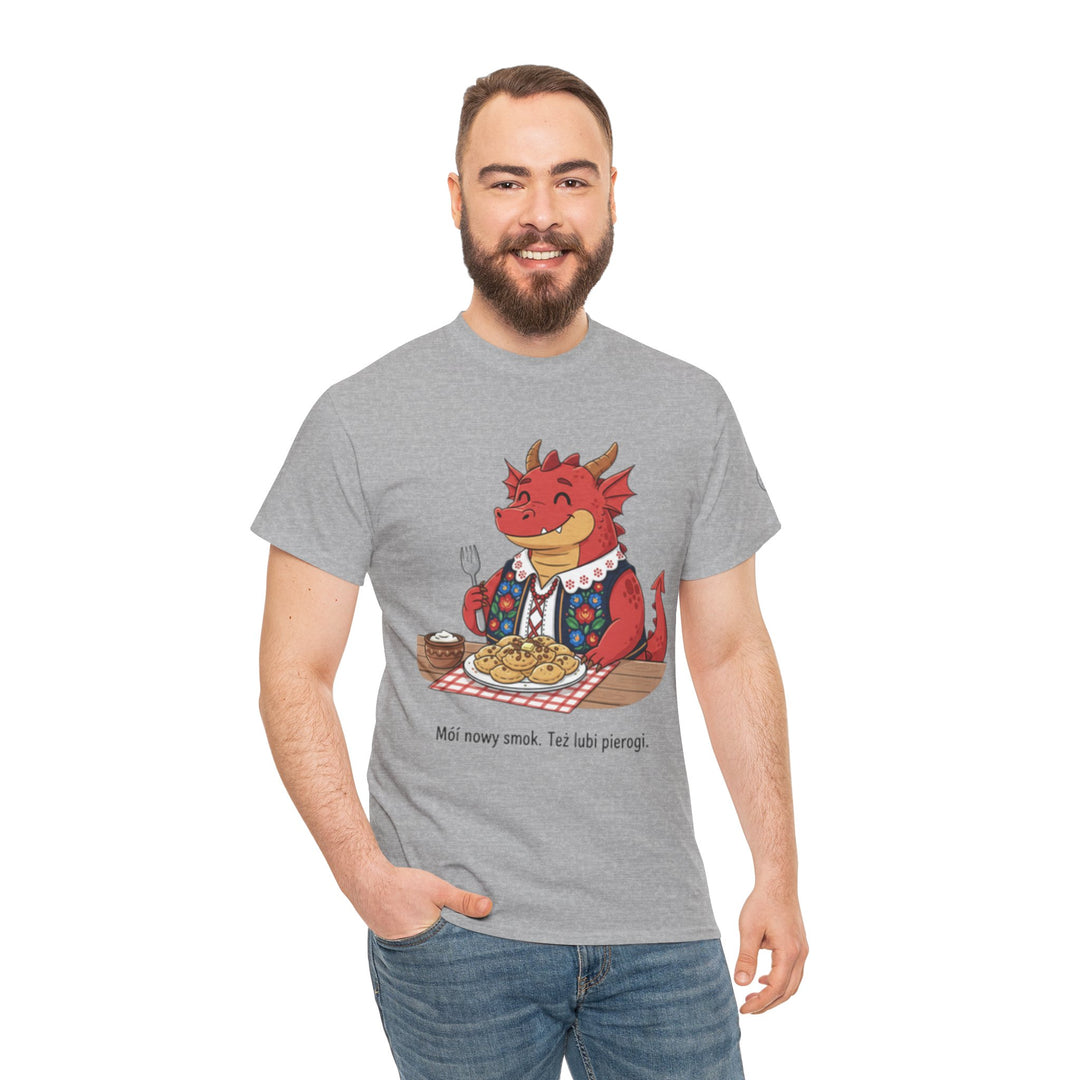 Heather grey t-shirt by S&amp;W Gallus featuring a cartoon dragon eating pierogi, worn with blue jeans.