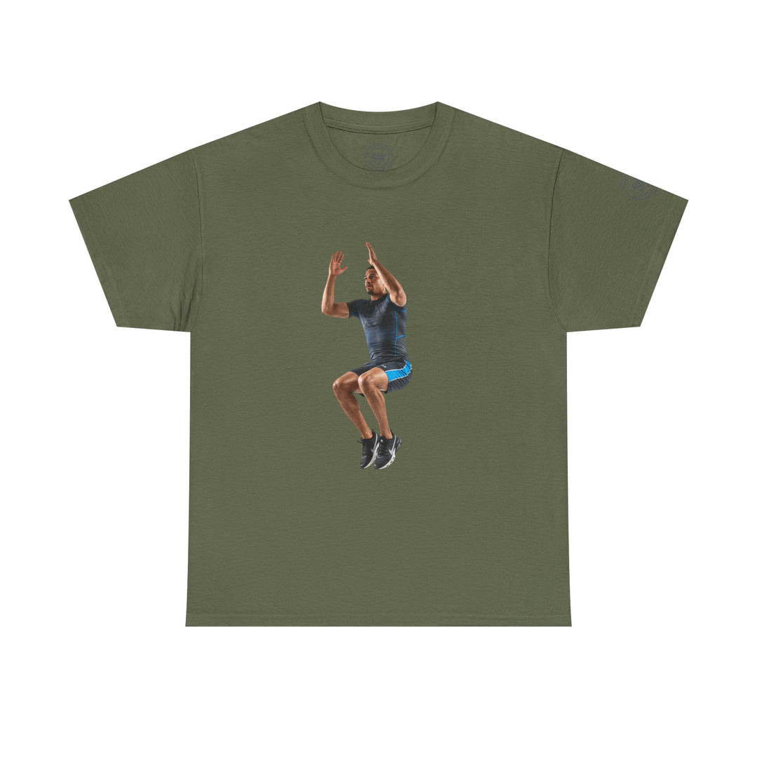 Green t-shirt by S&amp;W Gallus with a man jumping printed on the front.