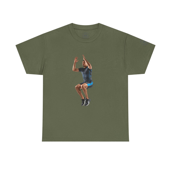 Green t-shirt by S&amp;W Gallus with a man jumping printed on the front.