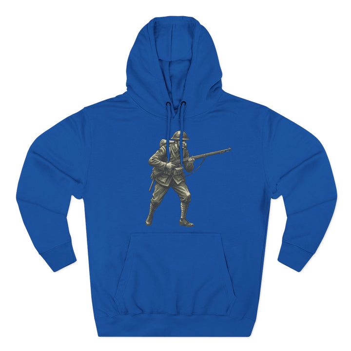 Blue hoodie by S&amp;W Gallus, featuring a World War One heritage soldier graphic, with a front pocket and drawstring hood.