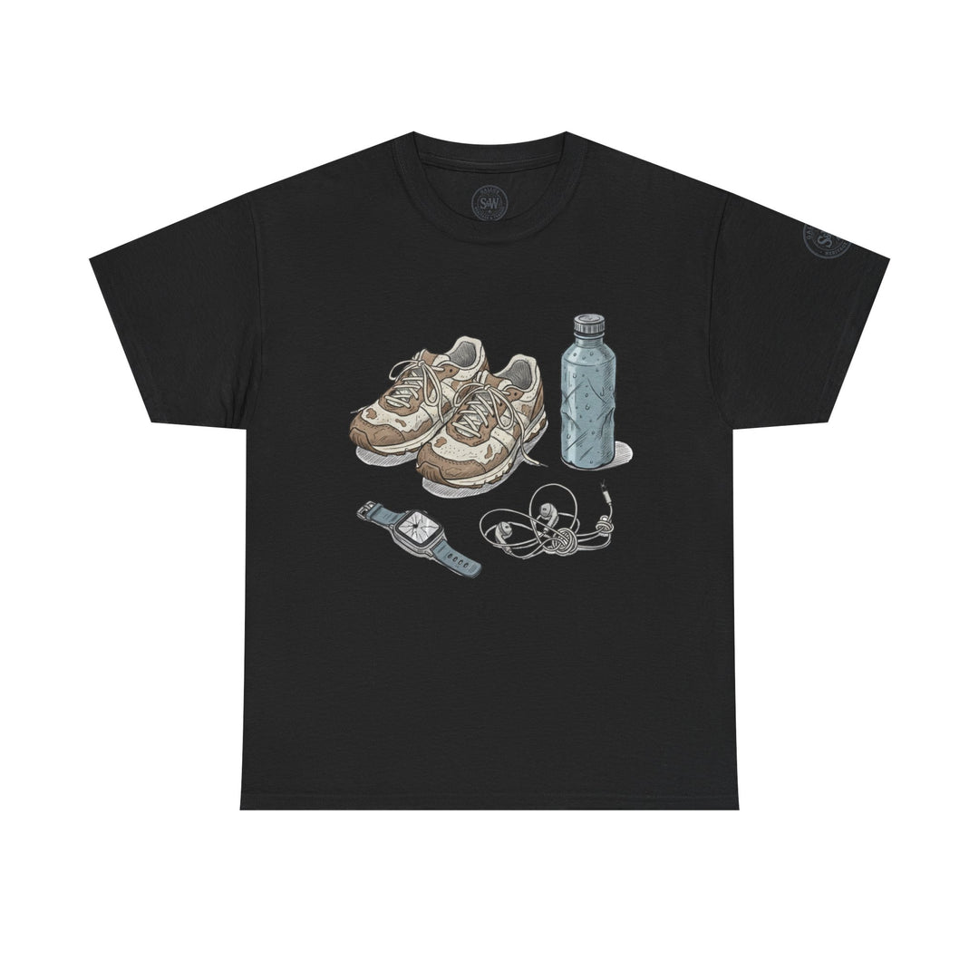 Black t-shirt by S&amp;W Gallus with running shoes, water bottle, wristwatch, and headphones printed on the front.