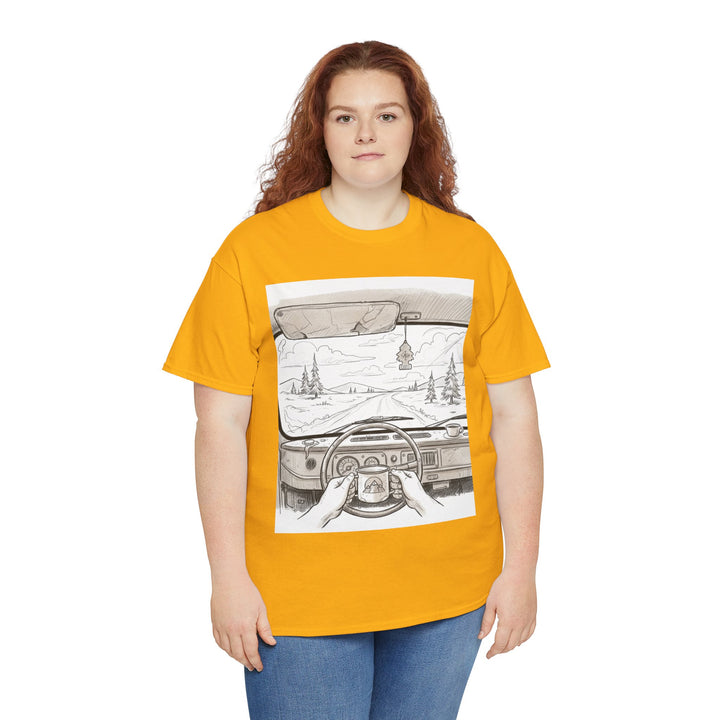 Scenic Drive Van Illustration Tee – soft cotton with a detailed van and landscape design. Perfect for road trips, outdoor adventures, and casual wear.
