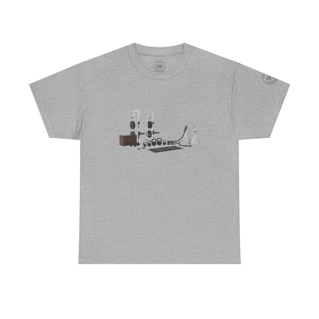 Gray t-shirt by S&amp;W Gallus with circuit set graphic in the middle.