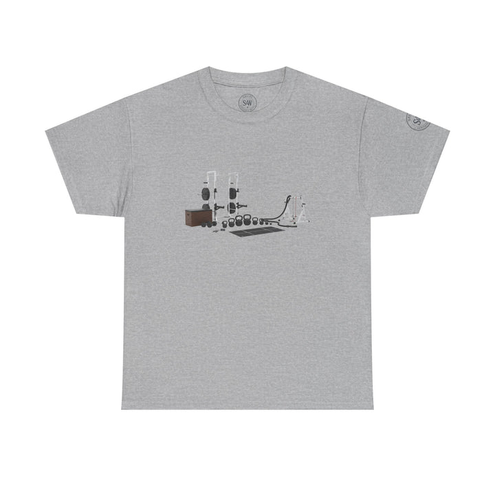 Gray t-shirt by S&amp;W Gallus with circuit set graphic in the middle.