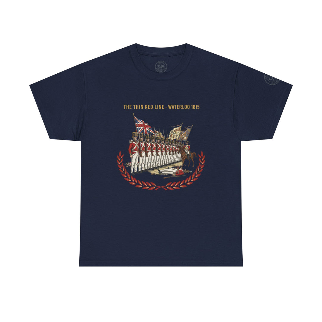 Navy t-shirt by S&amp;W Gallus with "The Thin Red Line - Waterloo 1815" graphic print on the front.