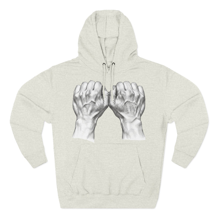 Heather oatmeal hoodie by S&amp;W Gallus featuring a vintage weightlifting fist graphic and a kangaroo pocket.