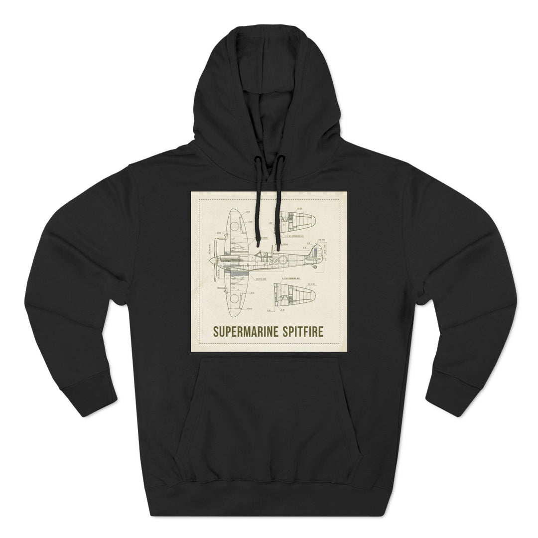 Black hoodie by S&amp;W Gallus featuring a vintage blueprint illustration of the Supermarine Spitfire airplane.