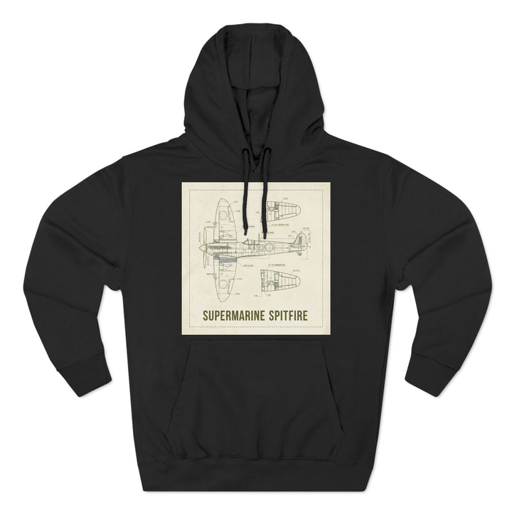 Black hoodie by S&amp;W Gallus featuring a vintage blueprint illustration of the Supermarine Spitfire airplane.