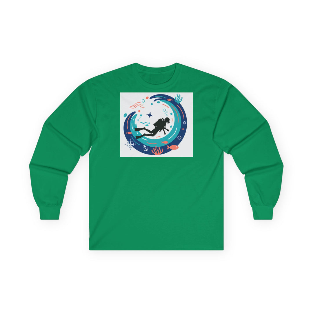 Kelly green long sleeve tee by S&amp;W Gallus featuring a scuba diver graphic within a wave design.
