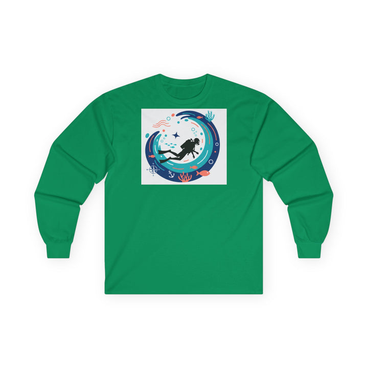 Kelly green long sleeve tee by S&amp;W Gallus featuring a scuba diver graphic within a wave design.