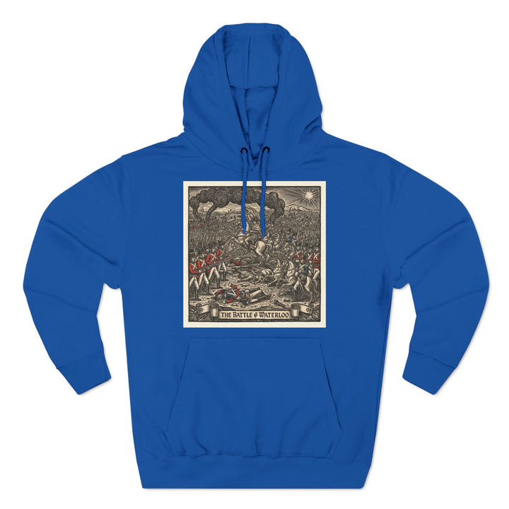 Blue hoodie by S&amp;W Gallus featuring a vintage-style "Battle of Waterloo" graphic print on the front.