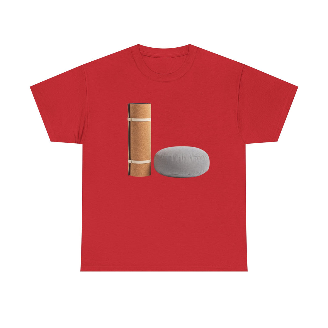 Mat &amp; Meditation Cushion Tee – soft, breathable cotton featuring a yoga-inspired design. Perfect for meditation, studio practice, or mindful everyday wear.