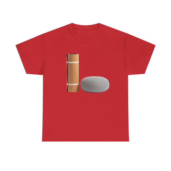 Mat &amp; Meditation Cushion Tee – soft, breathable cotton featuring a yoga-inspired design. Perfect for meditation, studio practice, or mindful everyday wear.