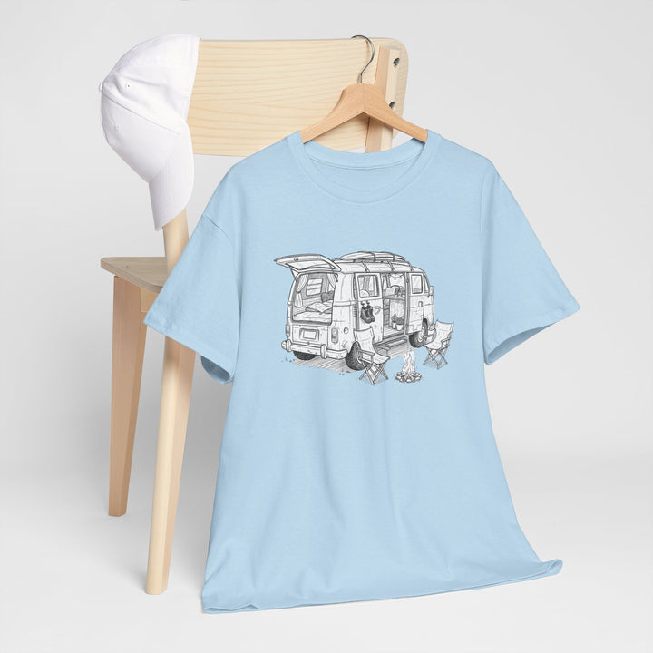 Open Van Sketch T-Shirt featuring a detailed van illustration. Soft, breathable cotton with a relaxed fit for everyday casual style.