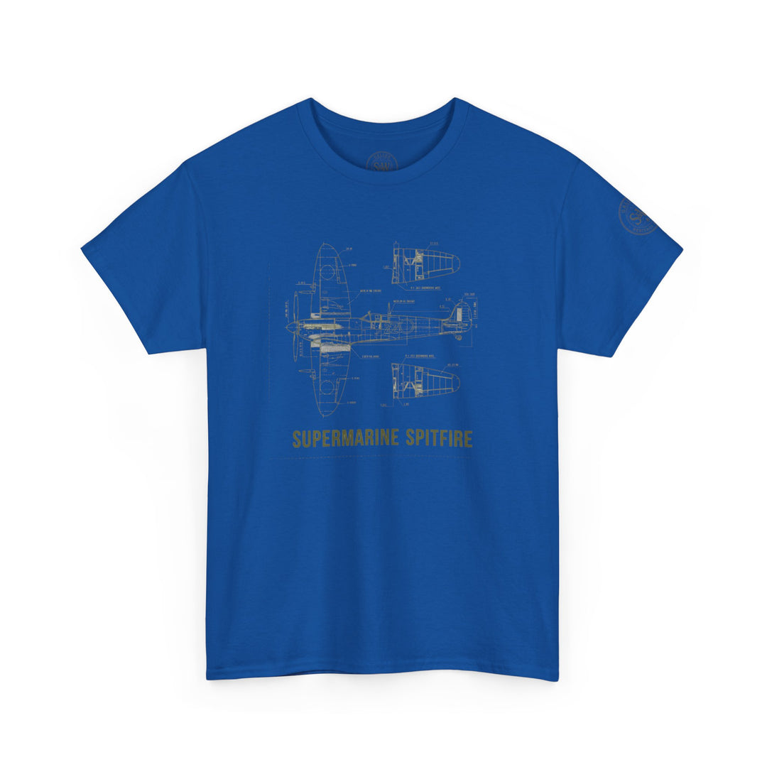 Blue t-shirt with a Supermarine Spitfire blueprint by S&amp;W Gallus, featuring technical drawings in gold.