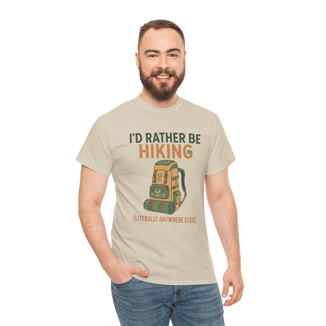 Beige hiking T-shirt by S&amp;W Gallus, featuring a hiking backpack and the saying "I&