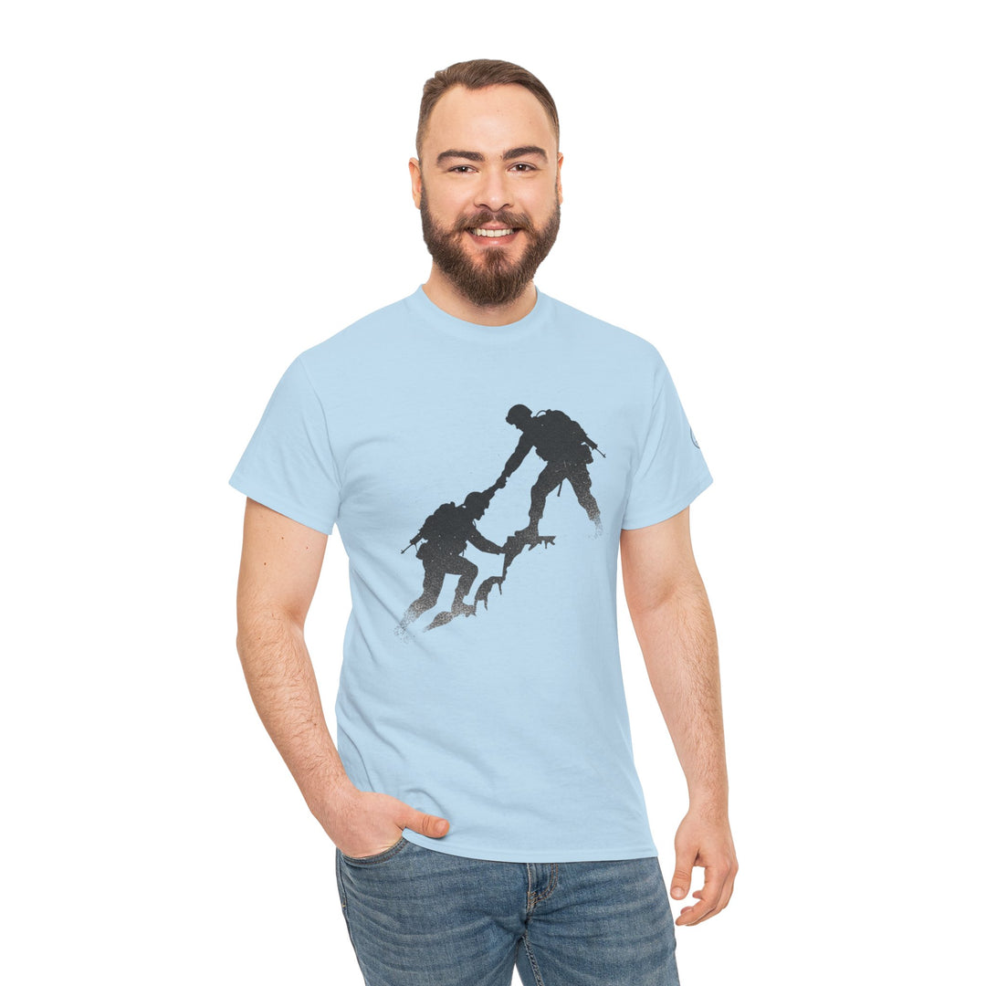Light blue t-shirt by S&amp;W Gallus featuring a silhouetted soldier design, worn with blue jeans.