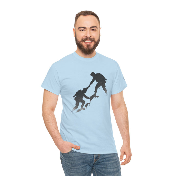 Light blue t-shirt by S&amp;W Gallus featuring a silhouetted soldier design, worn with blue jeans.