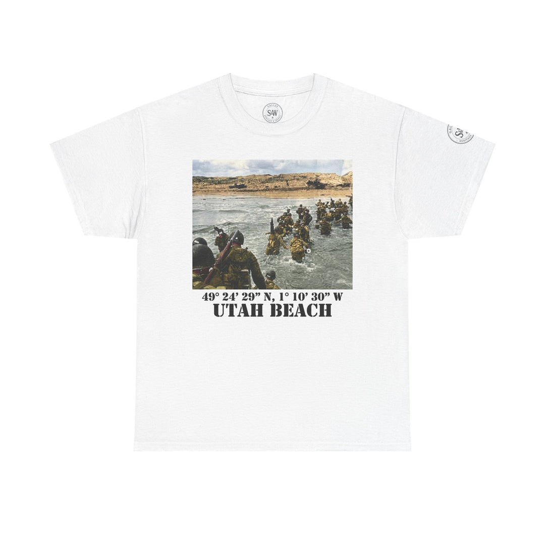 White Utah Beach D-Day T-shirt from Veteran owned, featuring a WWII image and corresponding coordinates.
