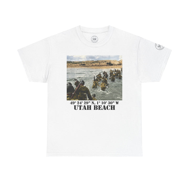White Utah Beach D-Day T-shirt from Veteran owned, featuring a WWII image and corresponding coordinates.
