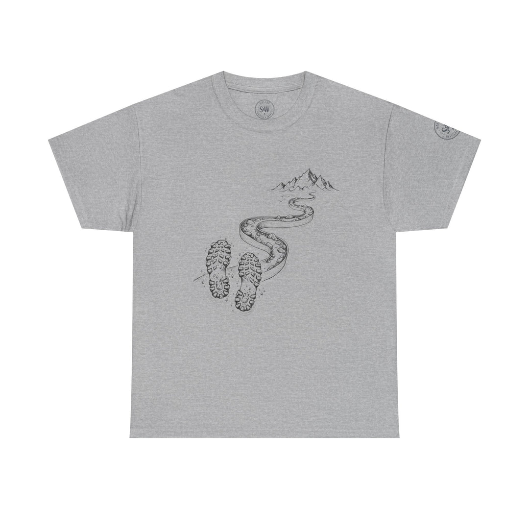 Gray T-shirt by S&amp;W Gallus, featuring a trail leading to the mountains and a pair of footprints.