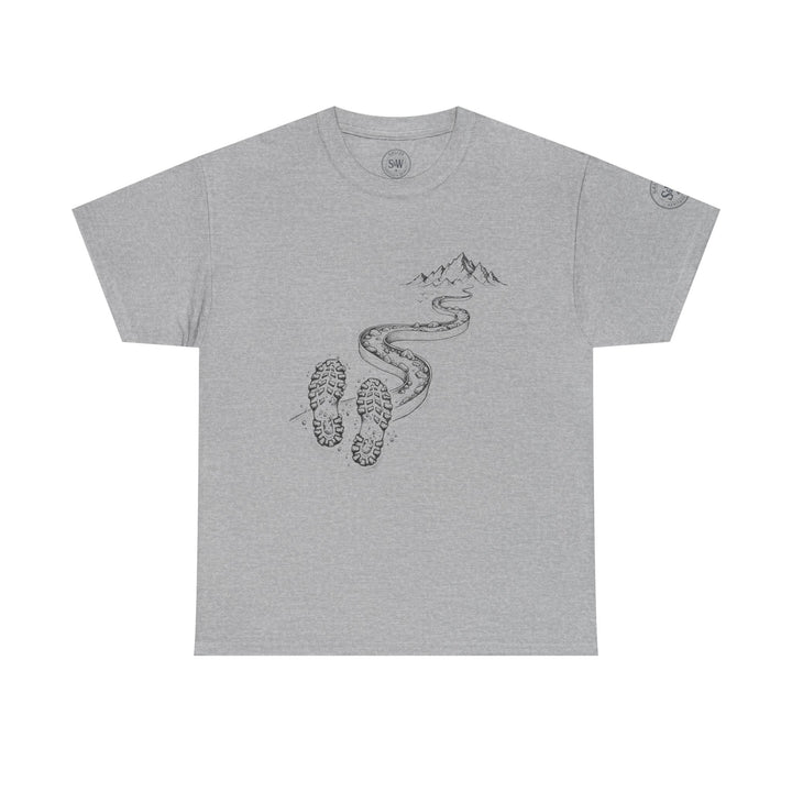 Gray T-shirt by S&amp;W Gallus, featuring a trail leading to the mountains and a pair of footprints.