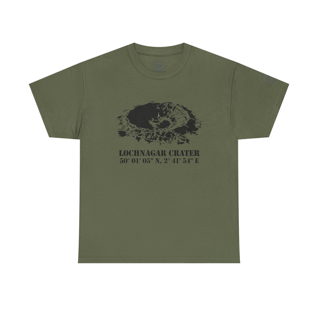 Olive green t-shirt by S&amp;W Gallus, featuring a crater graphic and coordinates.
