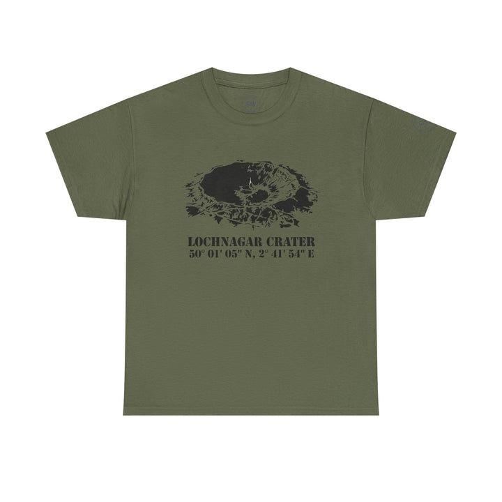 Olive green t-shirt by S&amp;W Gallus, featuring a crater graphic and coordinates.
